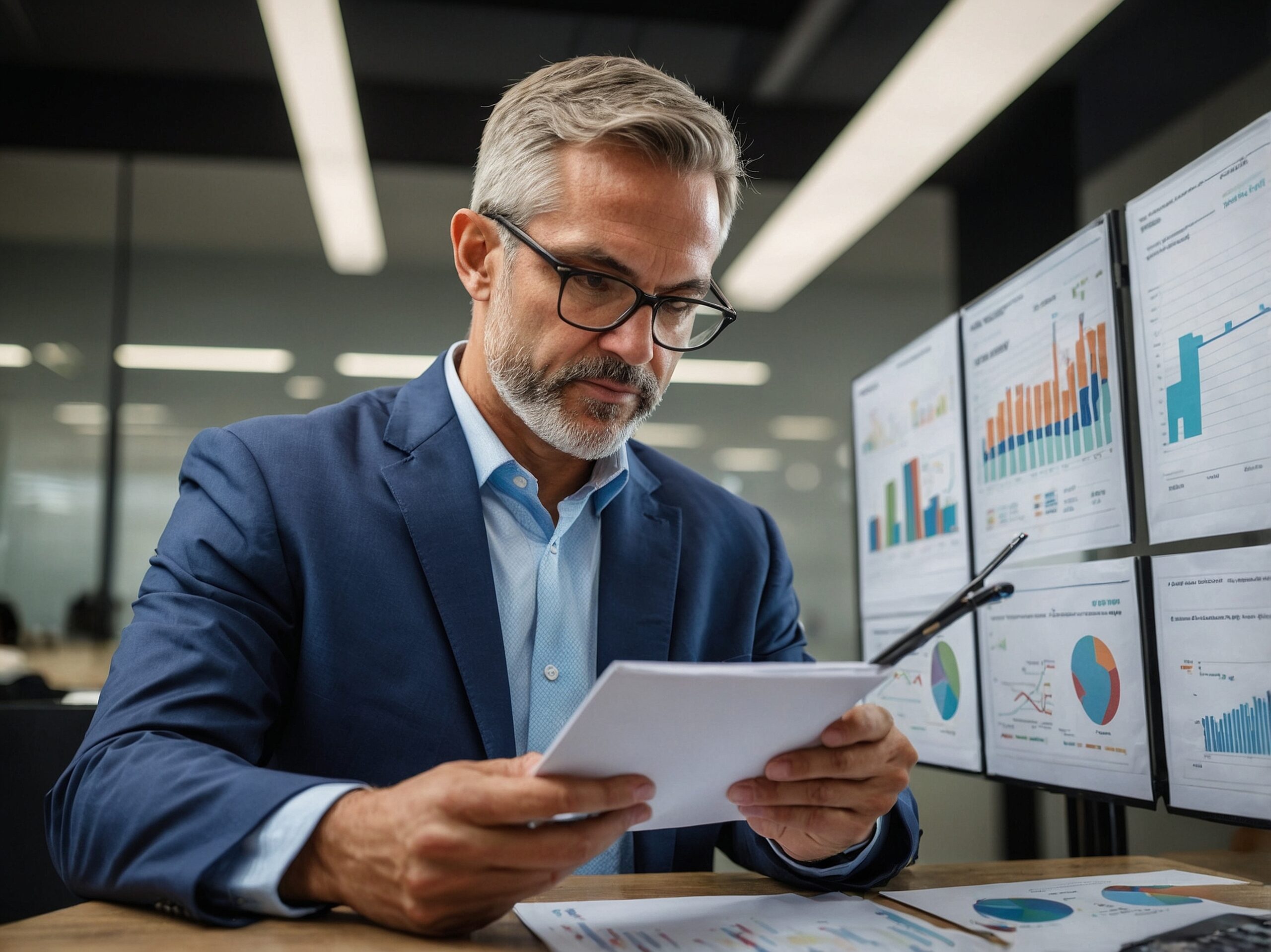 man-suit-is-looking-paper-that-says-financial-data